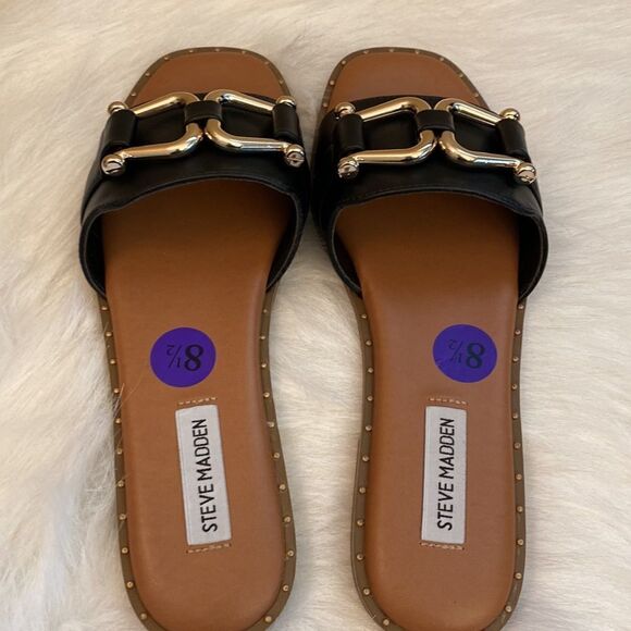 NWT Steve Madden Alita Black w/ Gold Tone Buckle Slide Sandals - Various Sizes - Picture 9 of 13